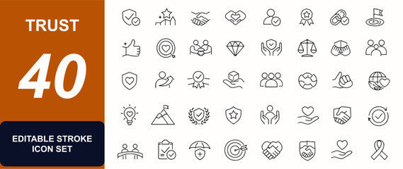 Trust web icons in line style. Handshake reliability, customer confidence, business credibility, loyalty commitment, assurance. Editable stroke. Vector illustration. © JIm Studio