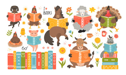 Domestic animals reading book. Spring cute fantasy hand-drawn farm animals set: cat, dog  hen  chicken, horse, cow, sheep, turkey, pig. © N.Savranska