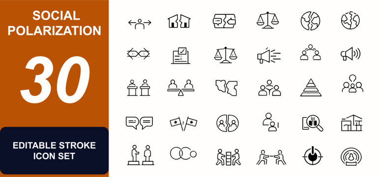 Social polarization web icons in line style. Protest, inequality, debate, division, bias, election, dialogue, speaker, ideology. Editable stroke. Vector illustration.