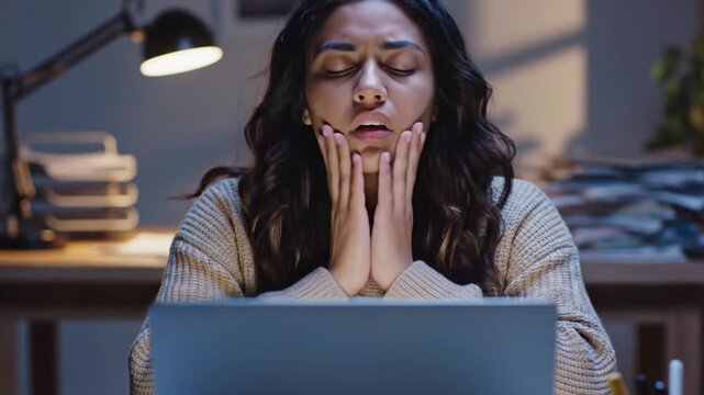Stressed woman working on laptop at night in office