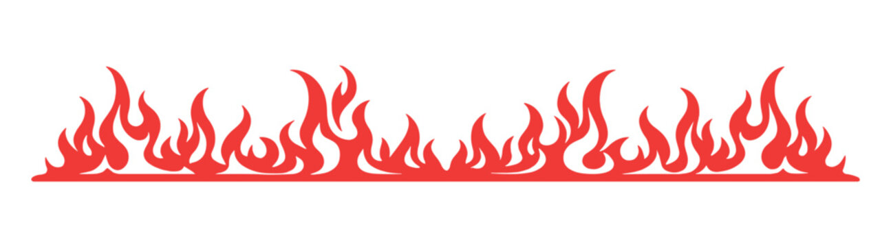 Red flame fire seamless border set, blazing horizontal frame dividers, cartoon burning decorative vector elements on transparent background