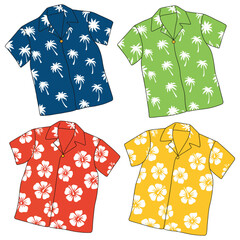 Set of Four Retro Hawaiian Luau Shirts on White Background Featuring Hibiscus and Palm Tree Patterns, Tropical Aloha Apparel Design for Invitation Templates and Summer Themes © RIO TOO