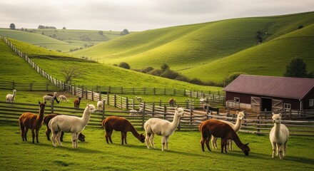 Fototapeta premium Herd of alpacas grazing in a green pasture with rolling hills