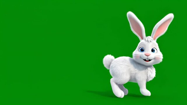 Adorable White Rabbit Animation: Playful Bunny Hops and Runs on Green Screen