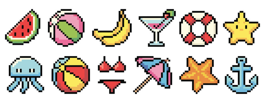 Set of Summer Themed Pixel Icons Featuring Watermelon, Shell, Cocktail, Lifebuoy, Starfish, Jellyfish, Swimsuit, Beach Umbrella and Anchor for Retro Game and UI Design