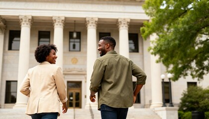 Fototapeta premium Happy African American couple walking towards a courthouse with columns. Rear view of a man and woman entering a government building or city hall for a civil wedding ceremony