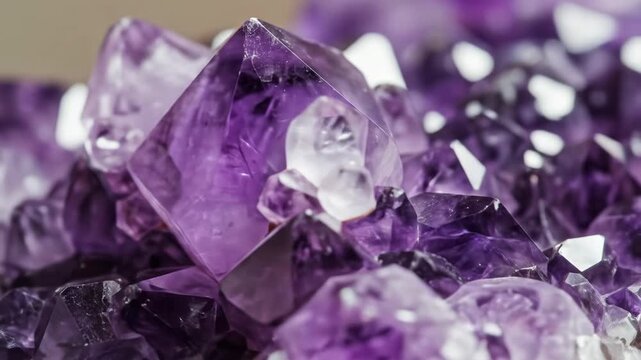 A close-up view of a cluster of purple crystals with varied shapes and sizes