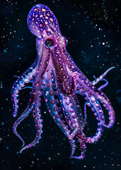 a purple octopus with blue spots on a starry night background closeup animal close up colorful copy