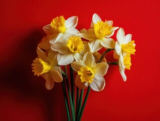 Obraz premium daffodils bouquet easter isolated on a red background