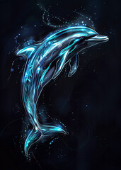 a dolphin jumping out of the water with a blue glow around it in the dark ocean with stars and spark