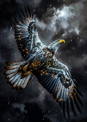 a large bird of prey with orange spots on its wings flying bird in flight stormy weather rainy day c