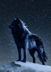 a wolf standing on a snowy hill at night with stars in the background and snow falling around it loo