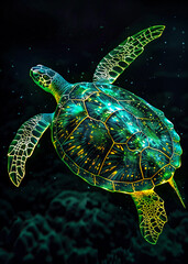 Vibrant sea turtle swimming in the dark ocean with glowing spots on its shell and fins in natural li