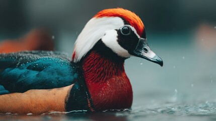 Vividly colored waterfowl floats calmly in dark water under light precipitation