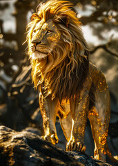 majestic lion standing on a rock in the savannah at sunset with a beautiful golden light shining on