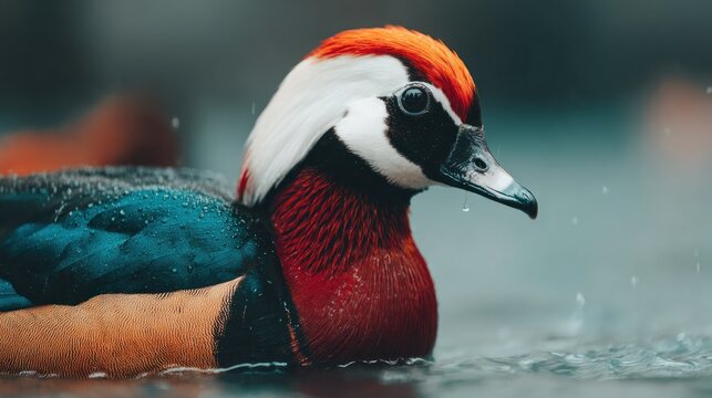 Vividly colored waterfowl floats calmly in dark water under light precipitation