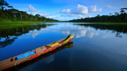 Obraz premium Traditional Dragon Canoe on a Tranquil Amazonian River