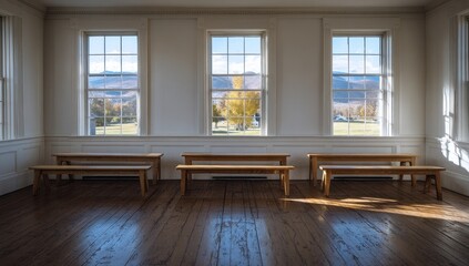Fototapeta premium Sunlit Benches by Windows - Serene Interior with Natural Light.