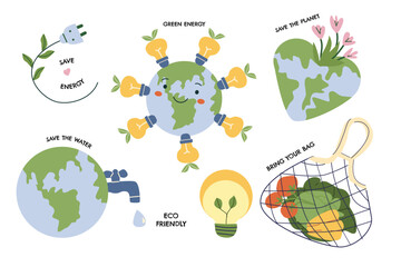 Fototapeta premium Earth Day concept illustration, Eco stickers for eco friendly design. Eco activity design elements for scrapbooking, education for kids.