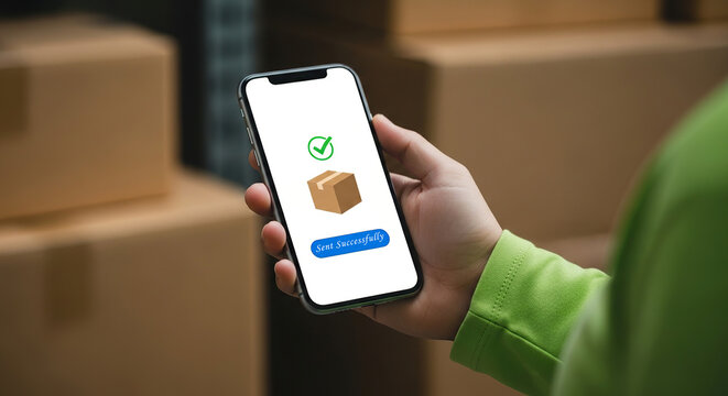 Person holding smartphone with successful package delivery confirmation on screen