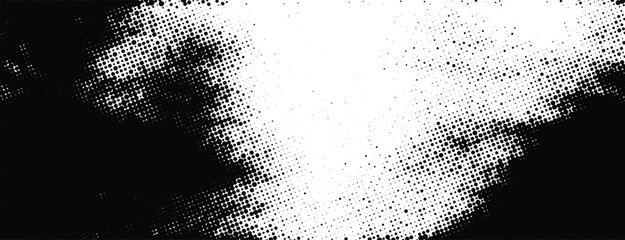 Abstract vector rough grunge halftone texture on white background. High contrast monochrome graphic stippled gradient, distressed grain.