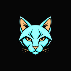 Fototapeta premium Fierce blue cat face illustration with intense eyes on a black background, stylized feline head vector graphic, animal emblem design.