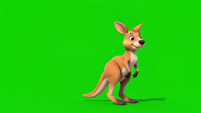 Dynamic 3D Animated Cartoon Kangaroo Laughing, Smiling, and Standing on Green Screen
