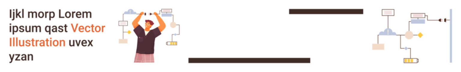 Obraz premium Business workflow planning, organization tools, creative work, decision-making, flowchart design, strategic thinking. Person holding ideas above their head and flowchart elements beside them