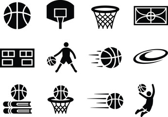 Basketball icon set with ball hoop court player and scoreboard silhouettes, black vector sports collection isolated on white background © SREEMOTIDIPIKA