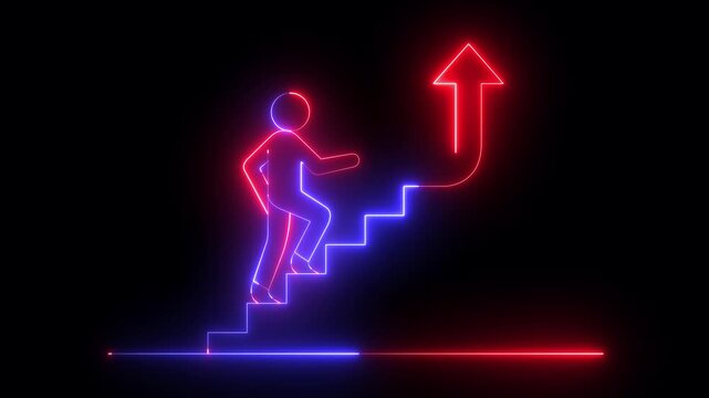 glowing neon person climbing stairs icon with an upward arrow, symbolizing growth and success in career or business. person stair up arrow icon representing leadership path business growth.