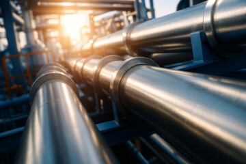 Industrial pipeline system in sunlight, highlighting energy production concept