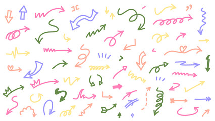 Hand-drawn Colorful Arrows Collection on White Background - Vector Illustration with Directional Signs and Decorative Elements. Transparent.