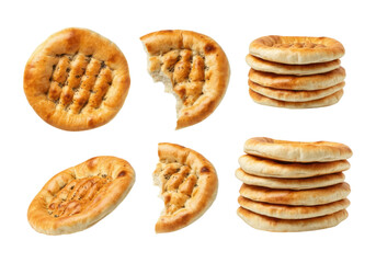 Stacked and whole round flatbreads with bitten and torn pieces arranged on a transparent background