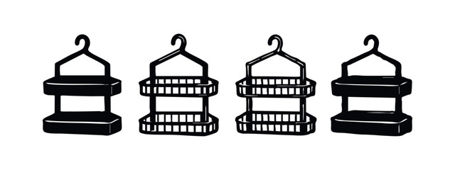 Detailed two-tier shower caddy icons with grated shelves in solid and outline styles.