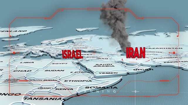 A 3D world map highlights Israel, and Iran, the Middle East, IRAN map, Israel map, iran israel war, iran israel map