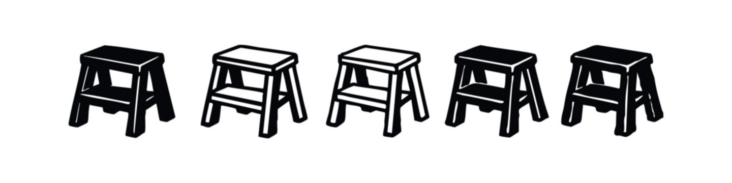 Various Step Stool Icons in Black Silhouette and Outline