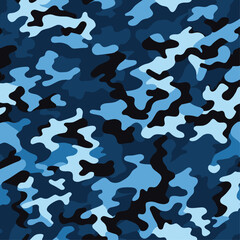 Blue Camouflage Seamless Pattern Vector - Trendy Navy and Azure Military Background for Tactical Gear, Textile Design, and Modern Apparel - Repeatable Abstract Army Texture Wallpaper