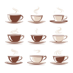 Obraz premium Various steaming hot coffee and tea cups with saucers vector collection, ideal for cafe, breakfast, and beverage design elements.