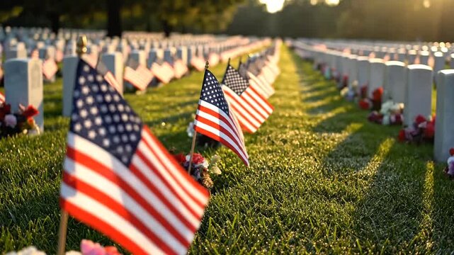 American Flags Adorn Grave Markers in a Military Cemetery