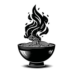 Dark mystical illustration of a ramen bowl with fiery steam, a snake emerging from noodles, and celestial elements in vintage tattoo style.