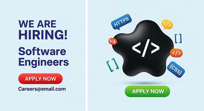A software engineer job advertisement with a colorful coding symbol and apply now buttons