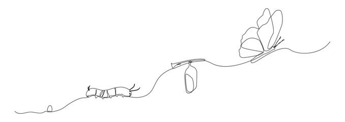 A minimalist, continuous single line drawing illustrating the life cycle of a butterfly from egg to caterpillar, pupa, and adult butterfly. © MNAStudio