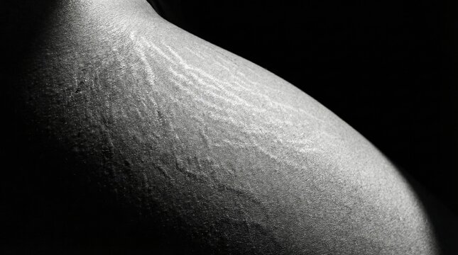 Detailed view of stretch marks on human skin in black and white. High contrast lighting emphasizes skin texture and body positivity. Perfect for dermatology, healthcare, or self-love campaigns.