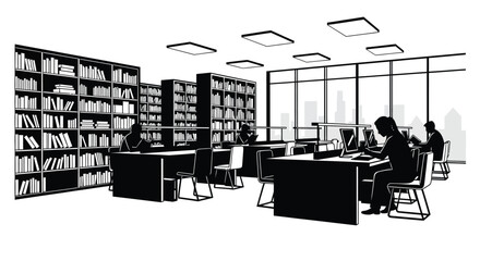A modern library interior with students studying at desks and bookshelves © Nasima