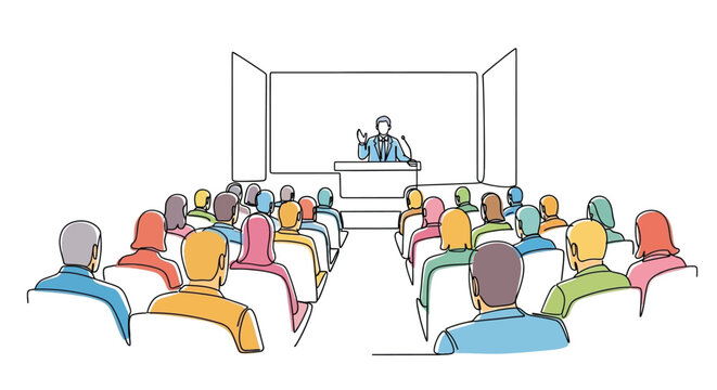 A speaker presenting to a seated audience in a simple lecture hall