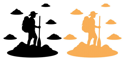 Adventurous hiker stands with a paddle on a rocky terrain, surrounded by distant peaks. © MDTUHIN