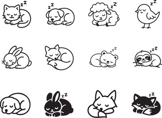 Fototapeta premium Sleeping animals thin line vector icon set cute minimal kids decorative graphic collection.