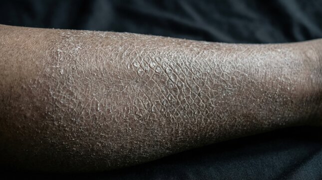 Close up view severely dry scaly human skin cracked texture. Image conveys discomfort medical concern dermatological issues. Perfect medical articles skincare education clinical brochures.