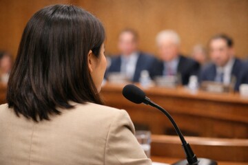 Woman speaker addressing panel during conference, business concept with focus on communication © dvoevnore