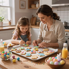 Fototapeta premium dreamworks-inspired, mother and daughter decorating easter cookies together in the kitchen